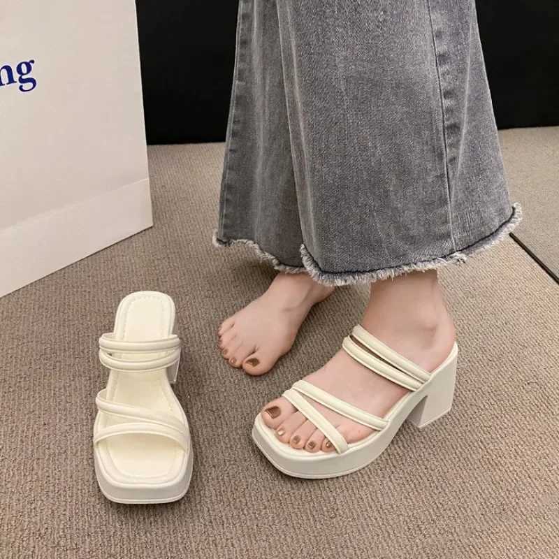 Slippers casual shoes for women 2024 high heels mule Pantofle rubber flap luxury summer soft high-tech Haian metal decorationXJ250407