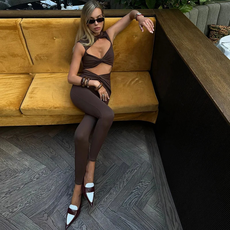 DRC Brown Solid Sport Women Pencil Summer Jumpsuits Elegant Sleeveless Tangle Up Hollow Out High Waist Female Street Playsuit 250407