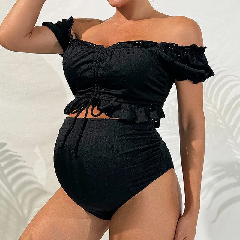 Maternity Bikini Set High Waisted Two Piece Swimsuit Pregnant Women Bathers Black Bathing Suit Summer Beach Swimwear 250407