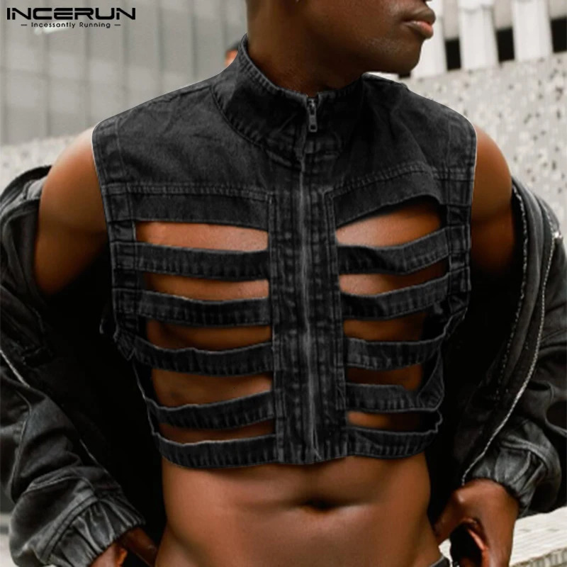 Mens Tank Top Hollow External Zipper Bracket Collar Sleeveless Mens Tank Top Solid Street Clothing Fashion Casual Mens Clothing INCERUN 250403
