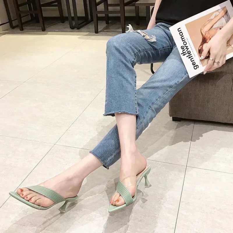 Summer womens yellow green beige pump womens sandals sexy mule high heels slider new 2024XJ250407
