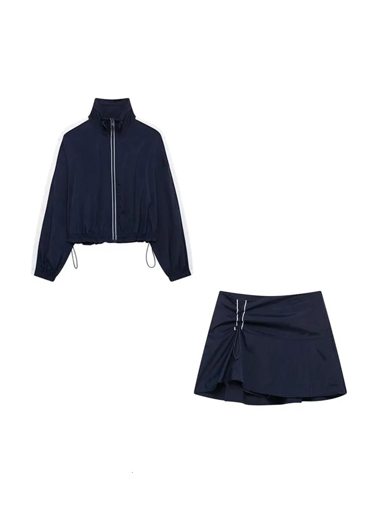 TRZA Women Fashion With Side Stripes Cropped Jacket Coat And High Waist With Elastic Drawstring Skort Female Two Piece Sets 250408