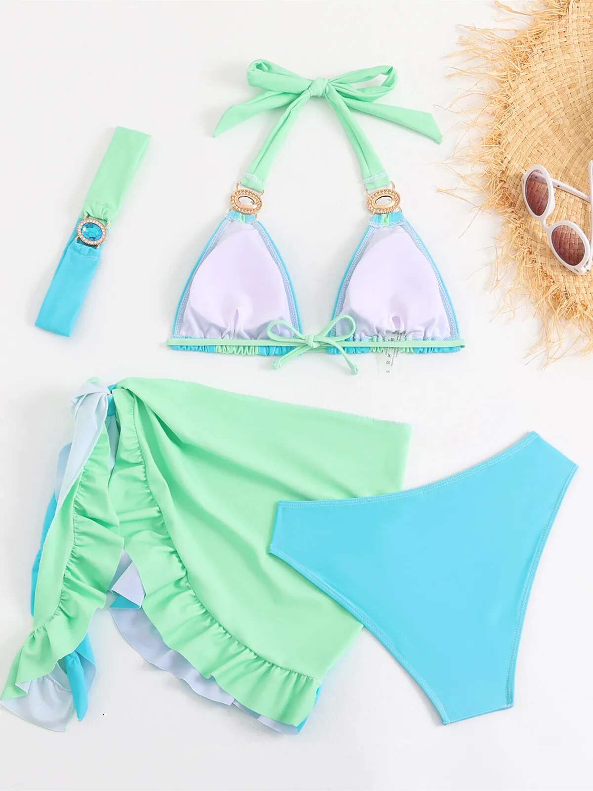 Dongdumaoyi Luxury Rhinestone Bikini Women Green Contrast Diamond Push Up Ruffles Skirt Piece Swimsuit Beach Bathing Suit Swimwear