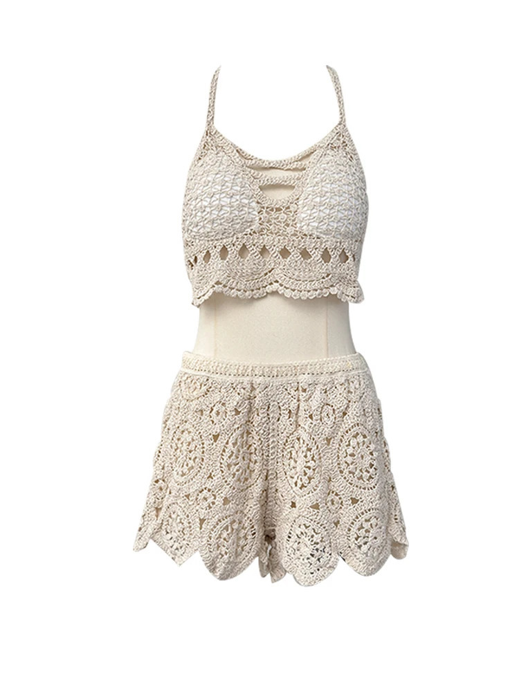 Summer Womens Hollow Crochet Knitted Tank TopSolid Color Crochet Shorts 2-piece Set Seaside Holiday 250401