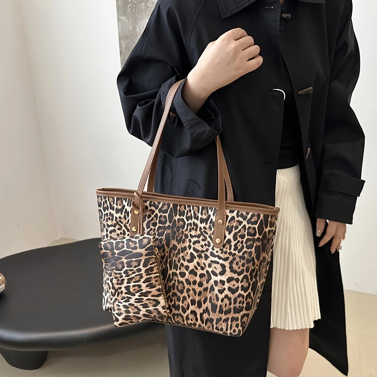 Leopard Soft Shoulder Bag Retro Animal Print Large Capacity Handbag with Purse Fashion Casual Style Shopping Tote Bag 251107