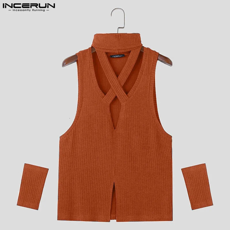 INCERUN Mens Tank Top Solid Color Turtle Neck Sleeveless Hollow Casual Tank Top Street Clothing Knitted Fashion Mens Clothing 250403