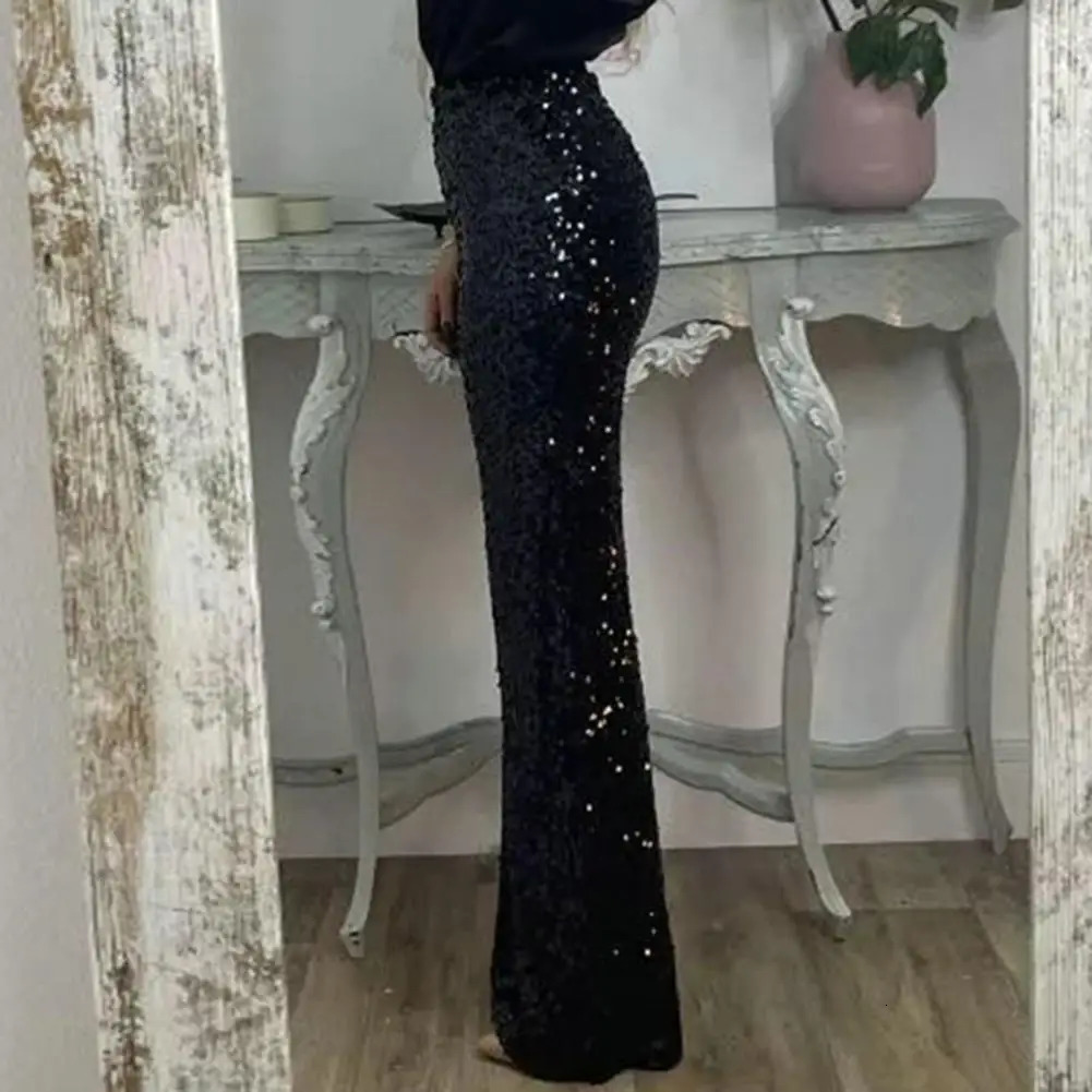 Elegant solid color pants sequins high waisted Flared pants ultra-thin fit suitable for women shiny Trousers solid color elastic streetwear 250402