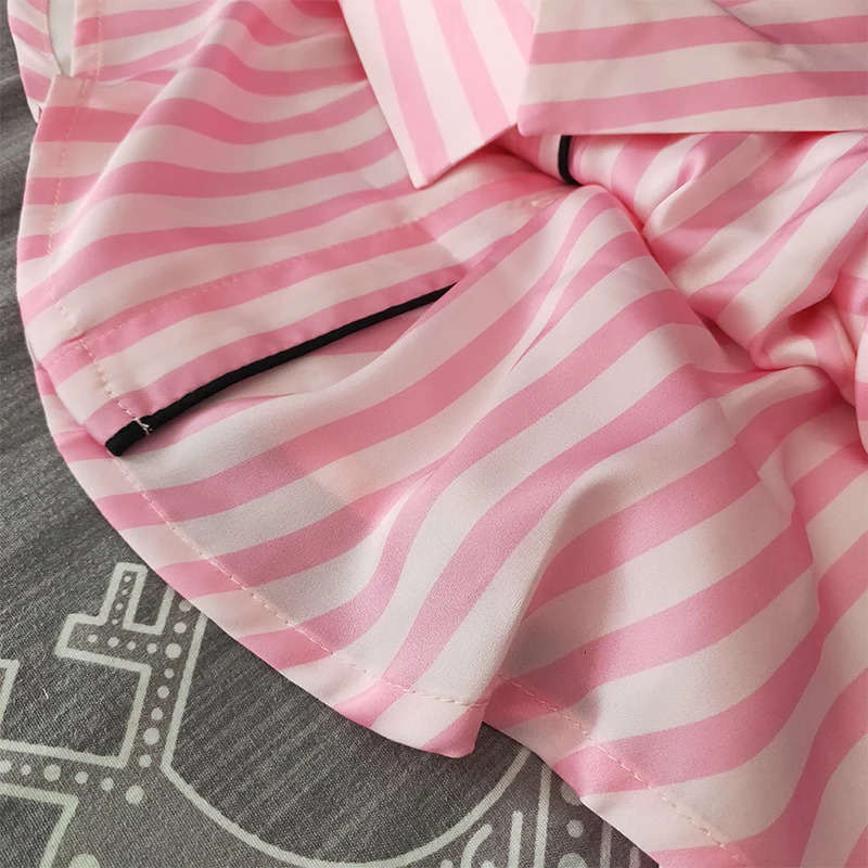 Womens Stripe Print Satin Casual Pajama Set Bow Short Sleeve Buttons Lapel Top Pants Comfortable Relaxed Fit Summer Nightwear 250408