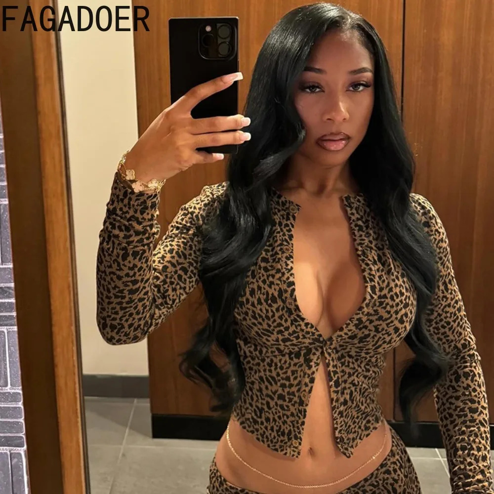 FAGADOER Fashion Leopard Print 2 Piece Sets Women Outfit Long Sleeve Crop Top Low Waist Skinny Pants Suits Female Streetwear 250407
