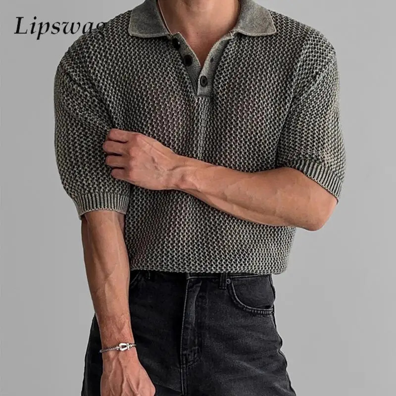 Sexy See Through Hollow Out Polo Shirts Mens Short Sleeve Button Lapel Casual Mesh Polo Shirt Fashionable Men Knitted Mesh Tops 250407