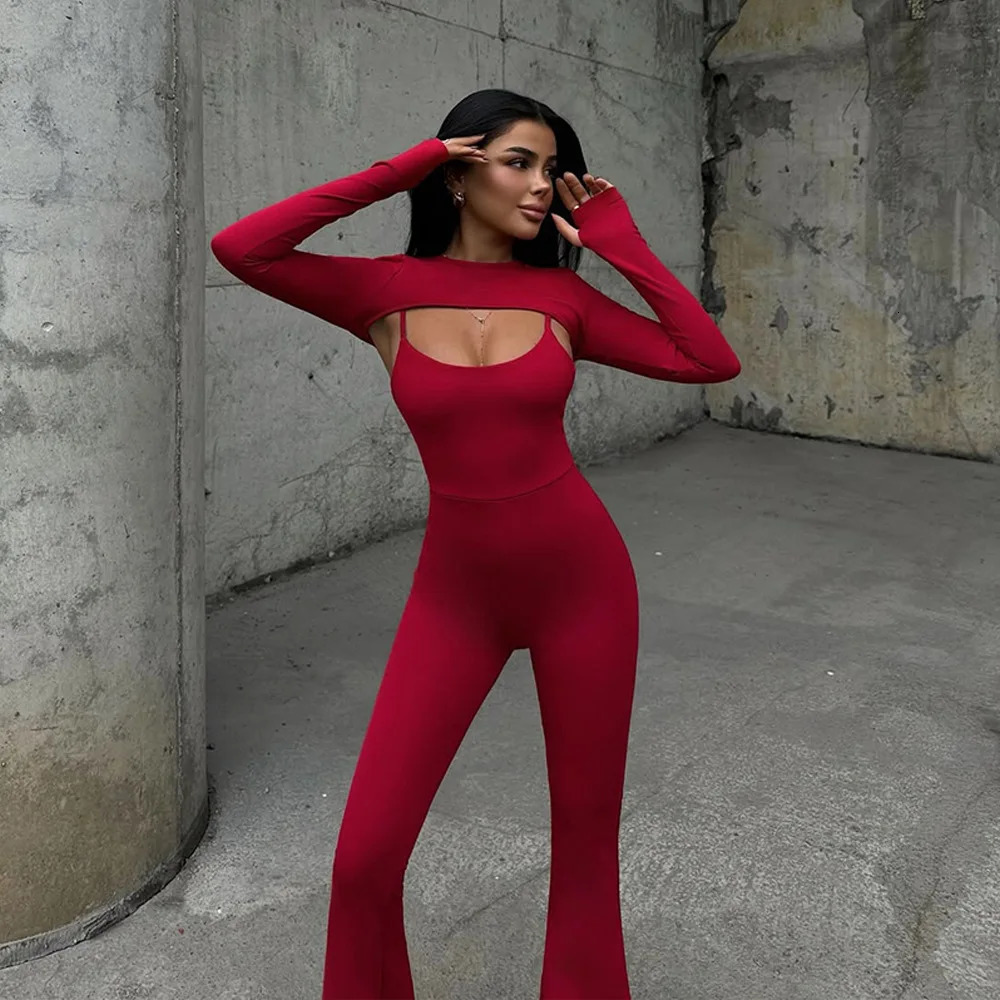 Womens slim fit shoulder strap jumpsuit fashionable and casual Oneck long sleeved solid color fitness sports Y2K 250407