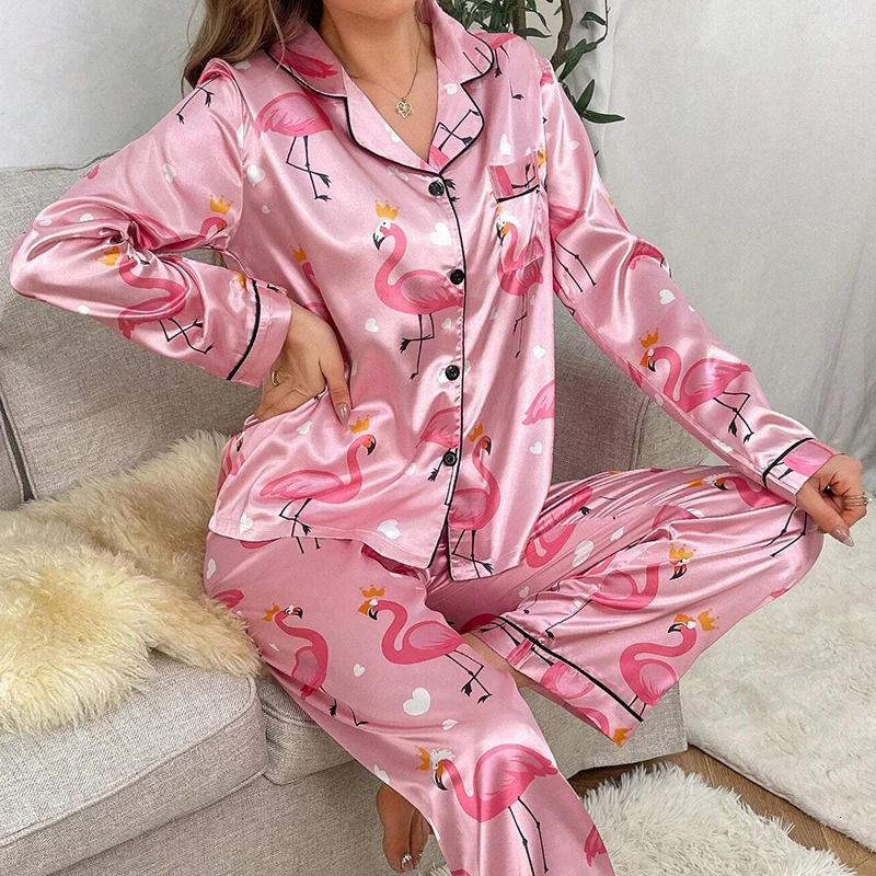 Red Lip Print Satin Pajama Set Autumn Casual Long Sleeve Button Up Lapel Collar Top Pants Sleepwear Loungewear Pyjama Femme 250408