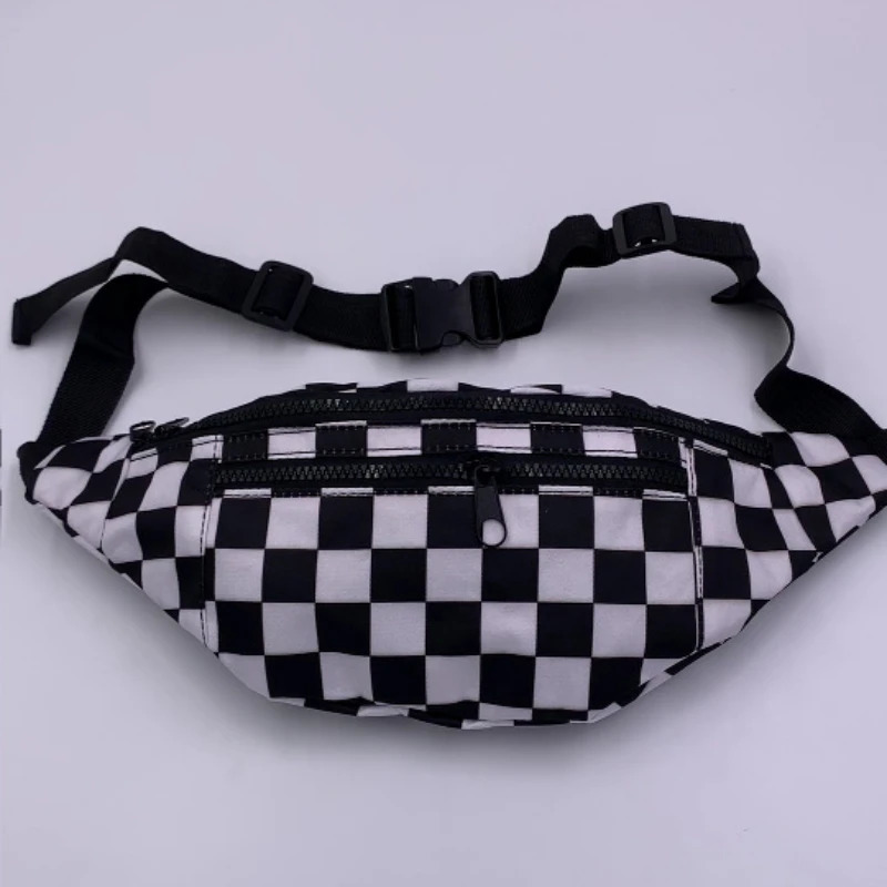Black and white checkered waist bag womens fashion cross body bag double zipper canvas chest bag 250402