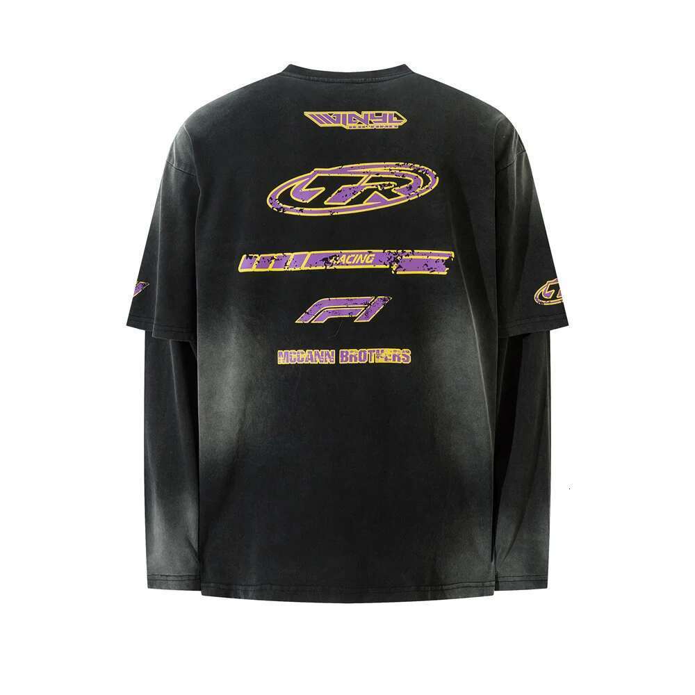 Racing Double-Sided Printed T-Shirt Mens Fake Two Pieces Spliced Autumn Crew Neck Loose Long Sleeve Washed Distressed Cotton Tee