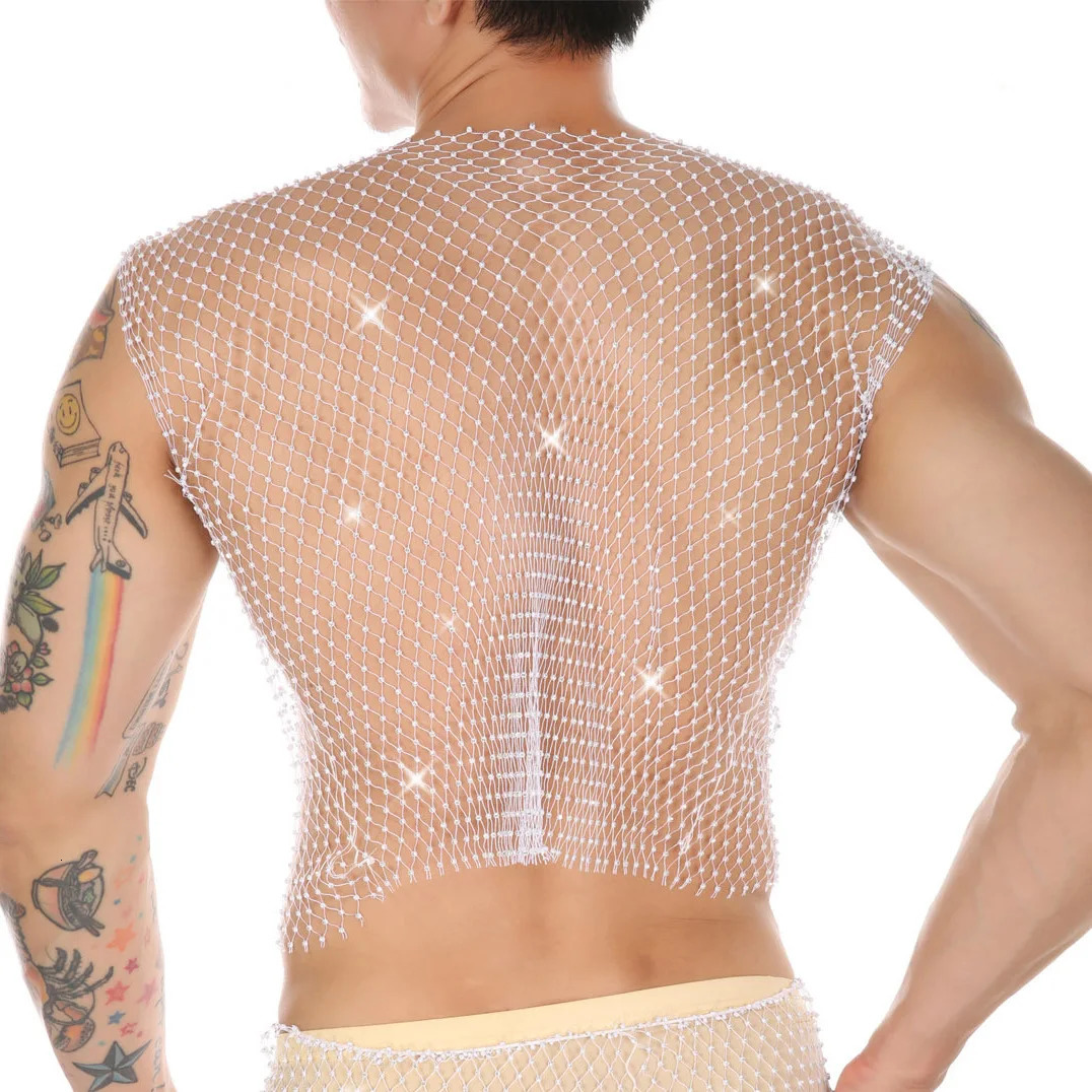 Mens Rhinestone Water Tank Top Transparent Mesh Shining through Fishnet Sparkling Festival Crop Top Sexy Club Party Carnival Set 250402