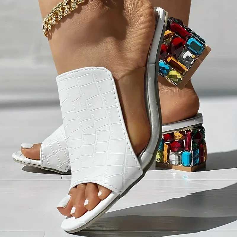 Womens Crystal Sandals 2024 Spring/Summer Open Toe Sandals Square High Heels Beach Fi Sandals Womens Sandals De MujerXJ250407