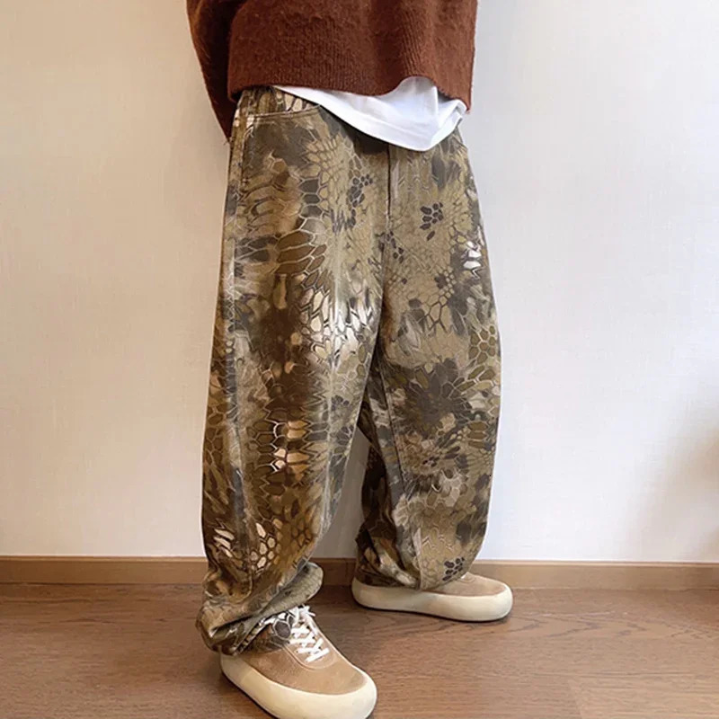 mens fashion snake print street clothing jeans casual denim pants American graphic hip Trouser 250408