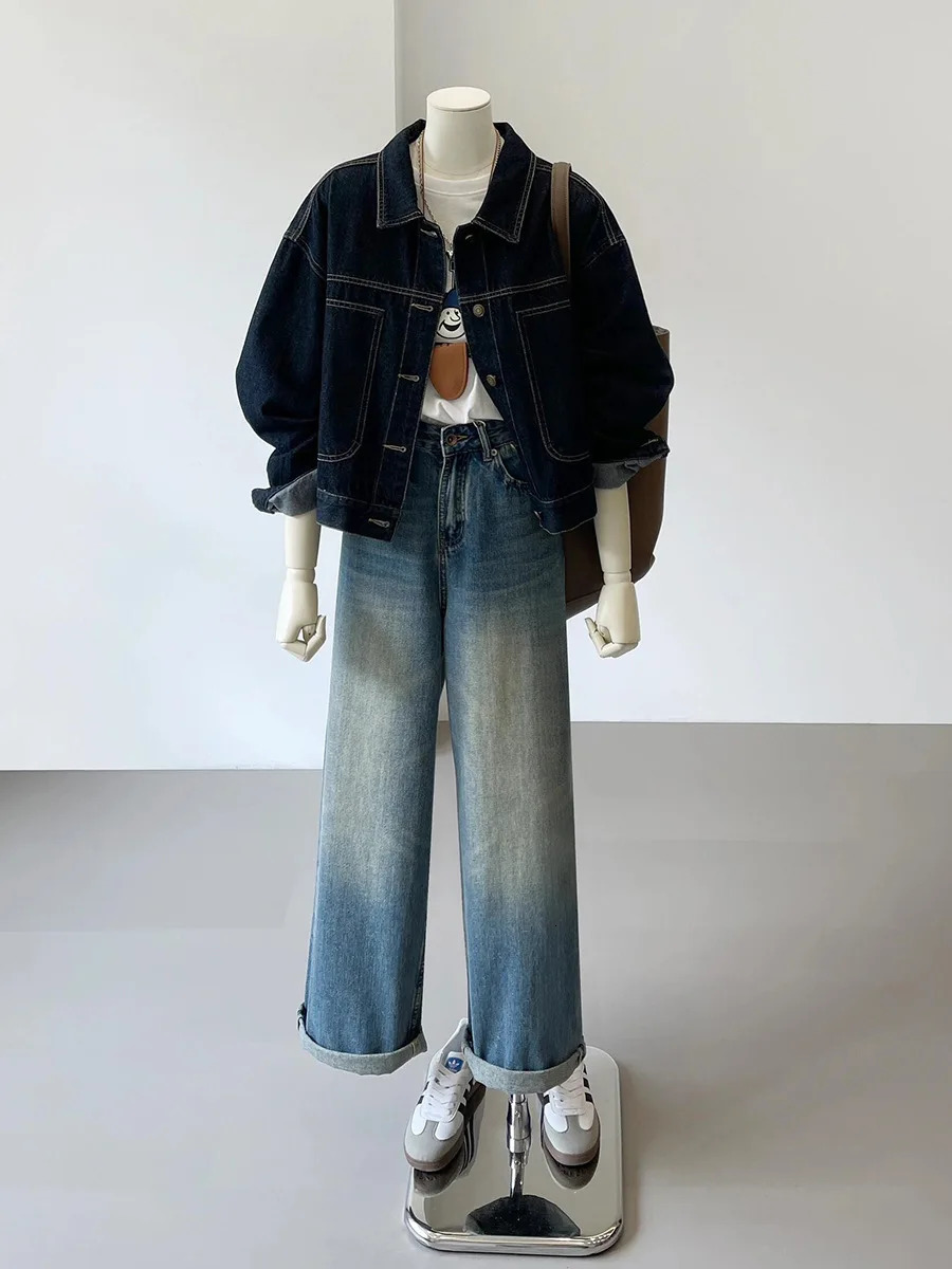 Navy Blue Short Denim Jacket for Womens Work Style SpringSummer Korean Casual Pocket n Feels Thin Shirt 250407