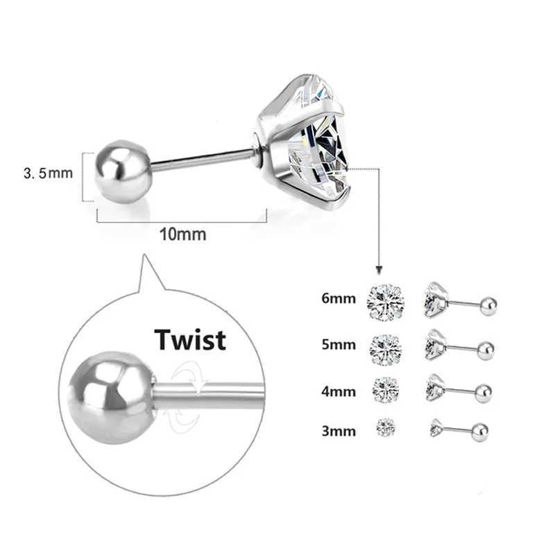 1Pair 925 Sterling Silver Bead Screw Stud Earrings for Women Men Simple 3-6mm Round Cubic Zirconia Ear Body Piercing JewelryC250407