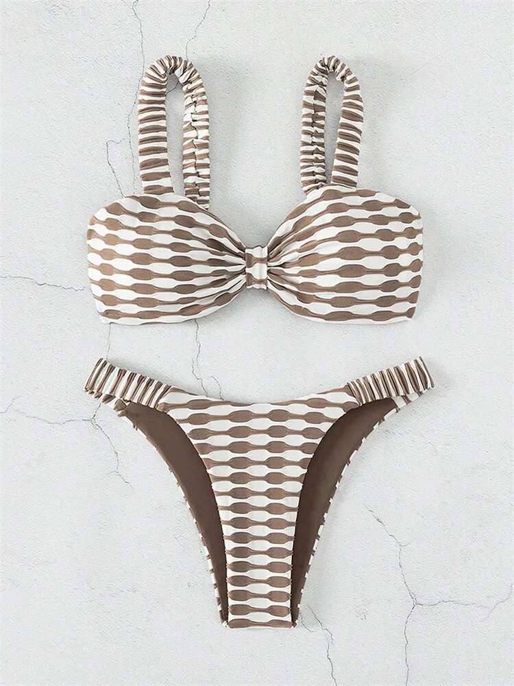 Dongdumaoyi Sexy Khaki Plaid Print Bikinis Sets Women Luxury Stripe Front Bow Push Up Micro Swimsuit Summer Bathing Suit Thong Swimwear