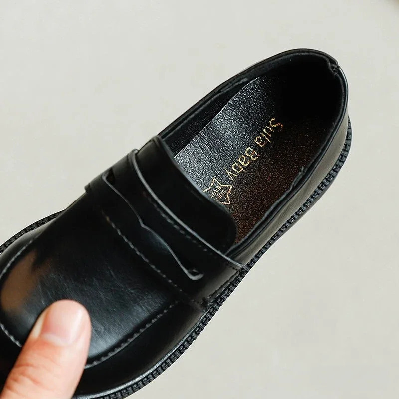 2-8Y Childrens British Leather Shoes Spring Versatile Comfortable Boys Girls Black Single Shoes Retro Soft Leather Shoes 250407