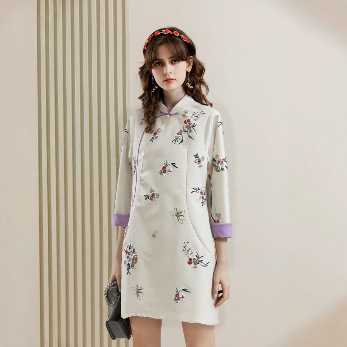 KO25180 New Style Southern Silk Wool Embroidery New Chinese Style Stand Collar Color Block Cuffs Fitted Waist Tang Suit Dress