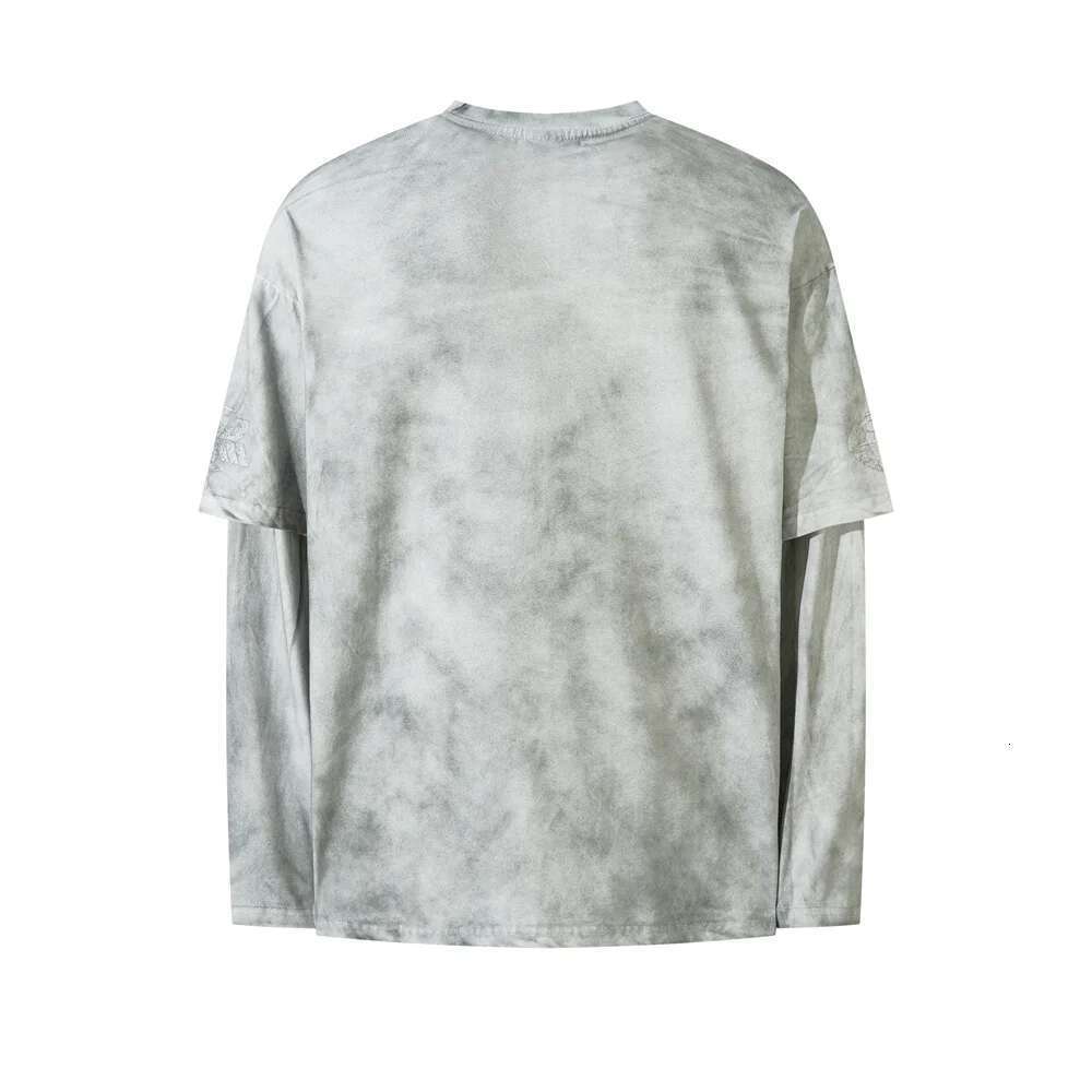 Letter Print Double-Sided Printed T-Shirt Mens High Street Washed Loose Cotton Long Sleeve Crew Neck Tee Men
