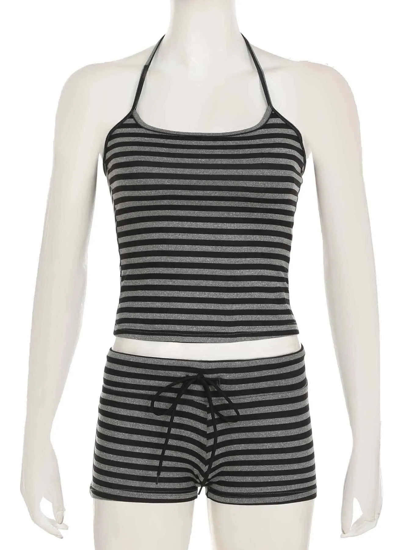 IAMSURE Casual Striped Shorts Set Women Y2K Slim 2 Piece Sets Housewear Backless Bandage Halter Top Low-Waisted Shorts Lady 250407
