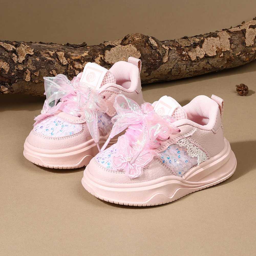 2025 New Spring Girls Shoes Leather Cute Butterfly Lace Childrens Outdoor Tennis Soft Bottom Fashion Childrens Sports Shoes W250407