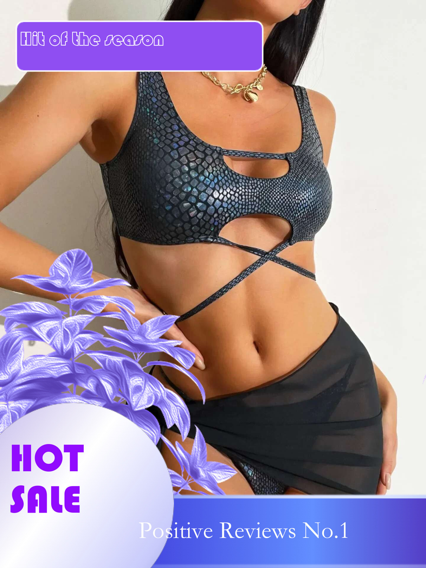 Dongdumaoyi Shiny Black Snake Skin Print Bikinis Women Cut Out Push Up Criss Cross Mesh Skirt Swimsuit Bathing Suit Piece Swimwear