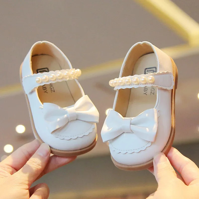Toddlers Girls Leather Shoes Little Kids Casual Flats Princess Sweet with Pearls Beading Bow-knot Dress Party Shoes Soft 250407
