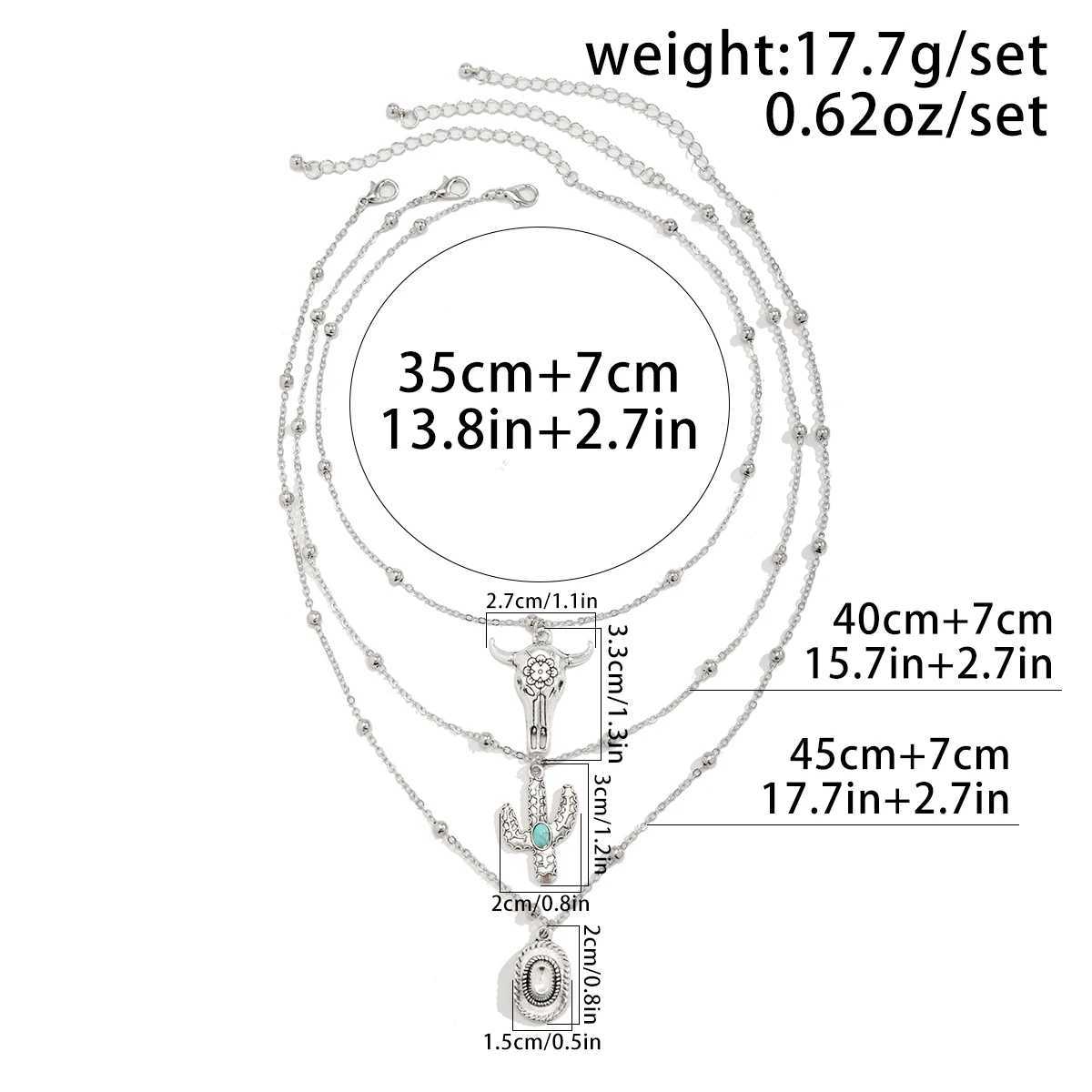 3Pcs/Set Boho Vintage Bullhead Cactus Pendant Necklaces for Women Ethnic Style Multilayer Thin Chain Summer Beach Neck JewelryC250407