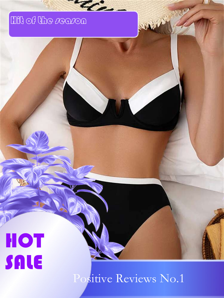 Dongdumaoyi Sexy Black White Patchwork Bikini Women Halter V Underwire Push Up Micro Swimsuit Beach Bathing Suit High Waist Swimwear
