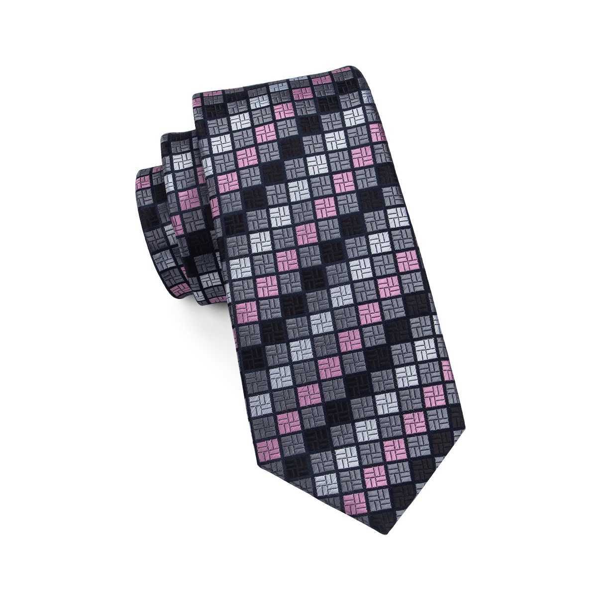 Hi-Tie Designer Grey Plaid Novelty Silk Wedding Tie For Men Handky Cufflink Gift Mens Necktie Fashion Business Party Dropshiping X250407