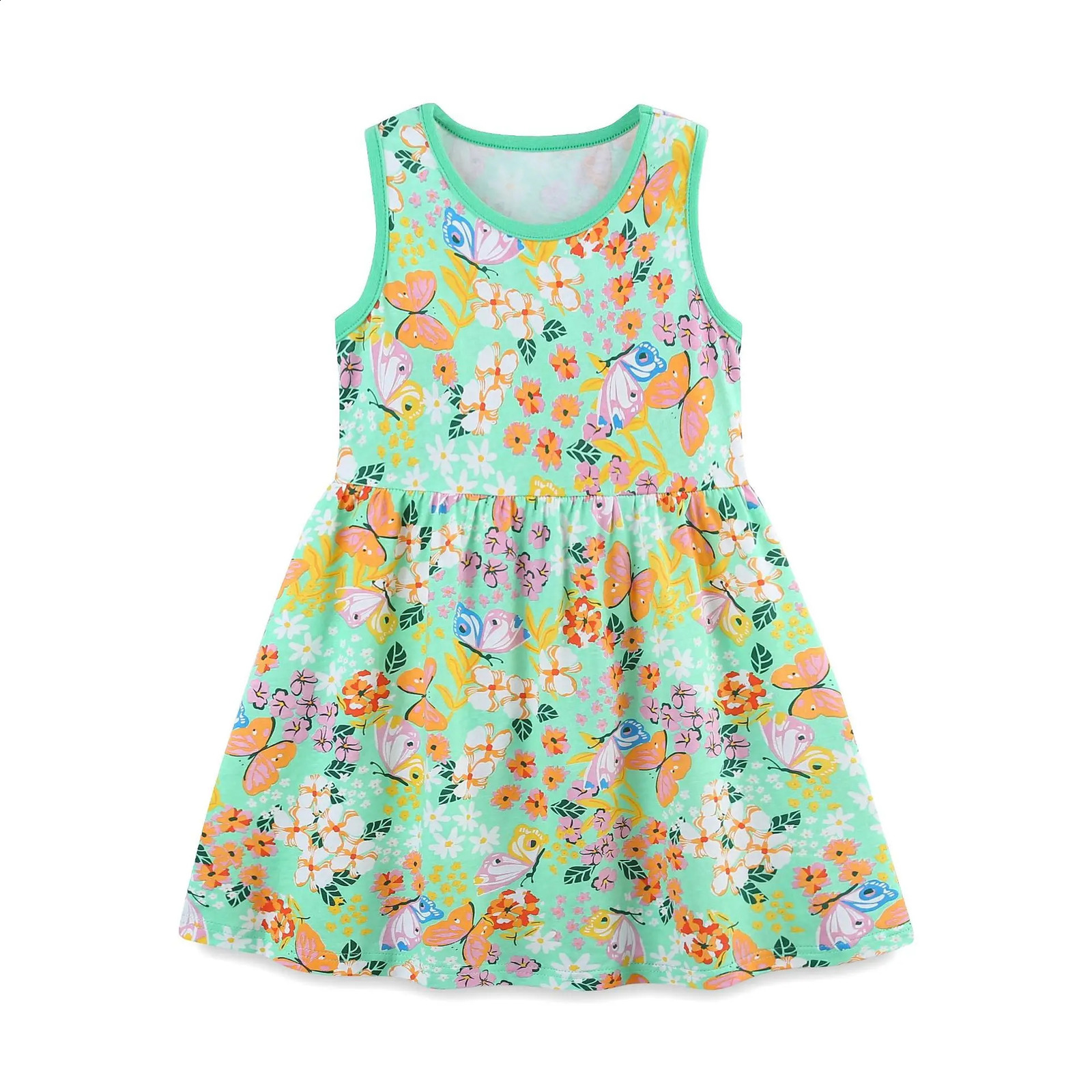 UNITIM Ins Summer Children Girls Sleevless Dress Cotton Thin Full Printed Ruched Cool Baby Girls Dress Kids Girls Dresses 250408