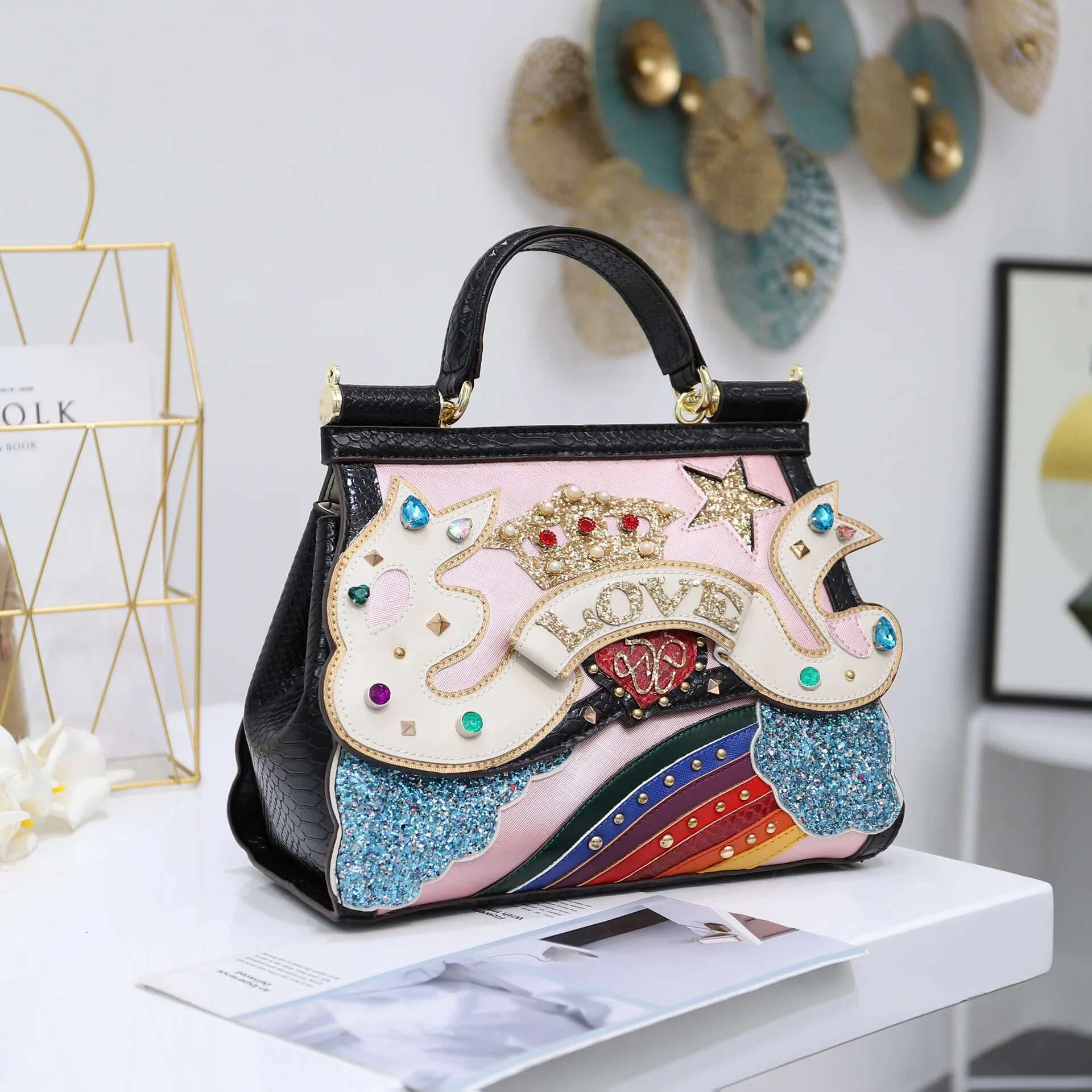 Women Leather 3D Decoration Designer Purse Handbag Shoulder Bags Cross Body Bag Bracciai Clouds Rainbow