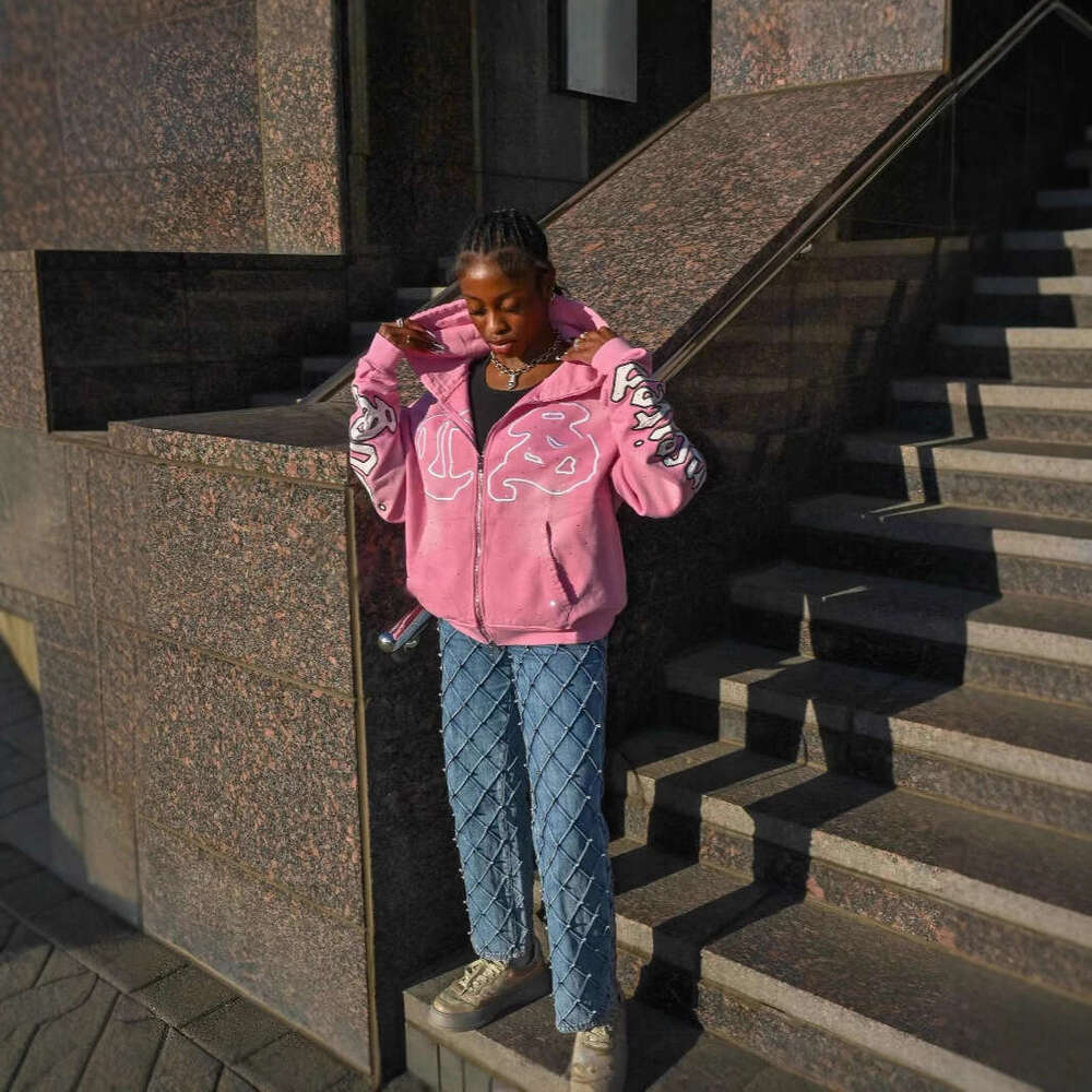 American embroidery, street hole design, unisex pink three-dimensional printed fashionable hooded sweatshirt
