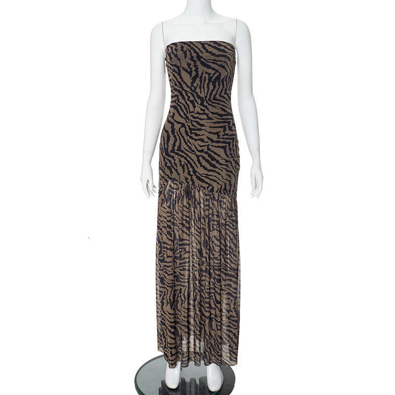 European and American style summer women's strapless leopard print slit mesh patchwork dress wholesale temperament versatile new trendy clothing