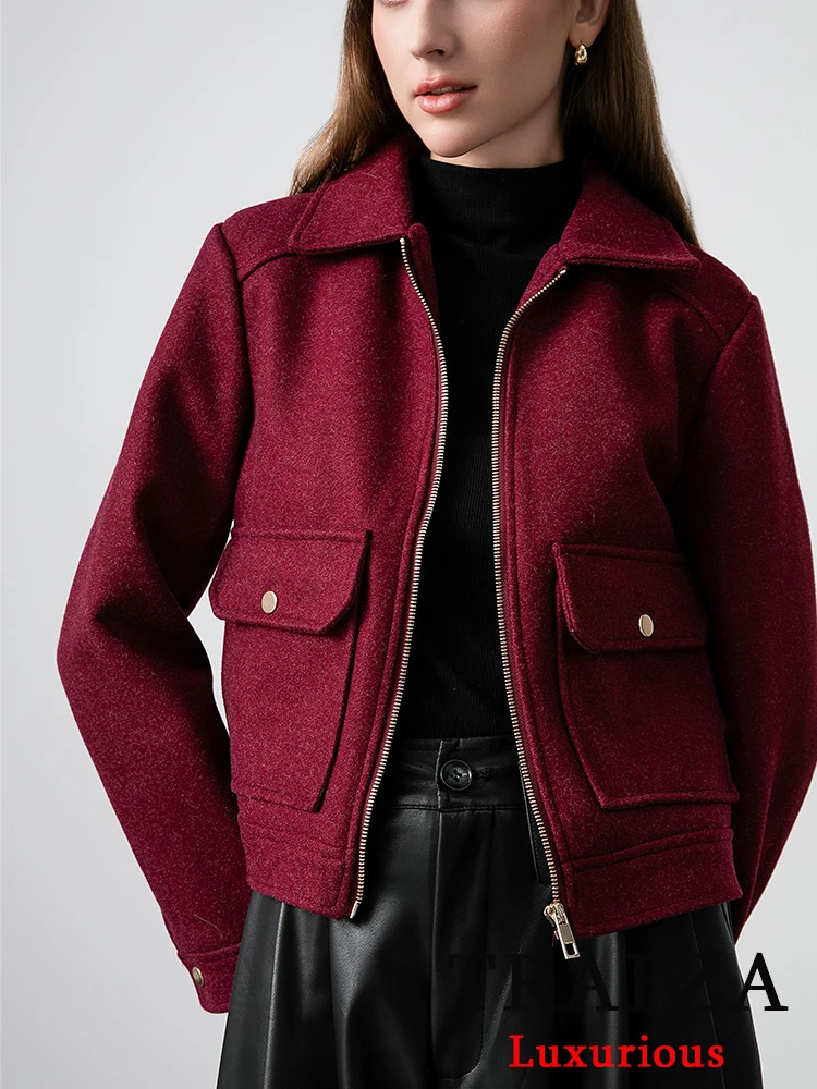 TRAFZA Red Bordeaux Loose Jakcets Womens Zipper Pocket Short Coat Fashion Spring Elegant Bomer Jacket 250407
