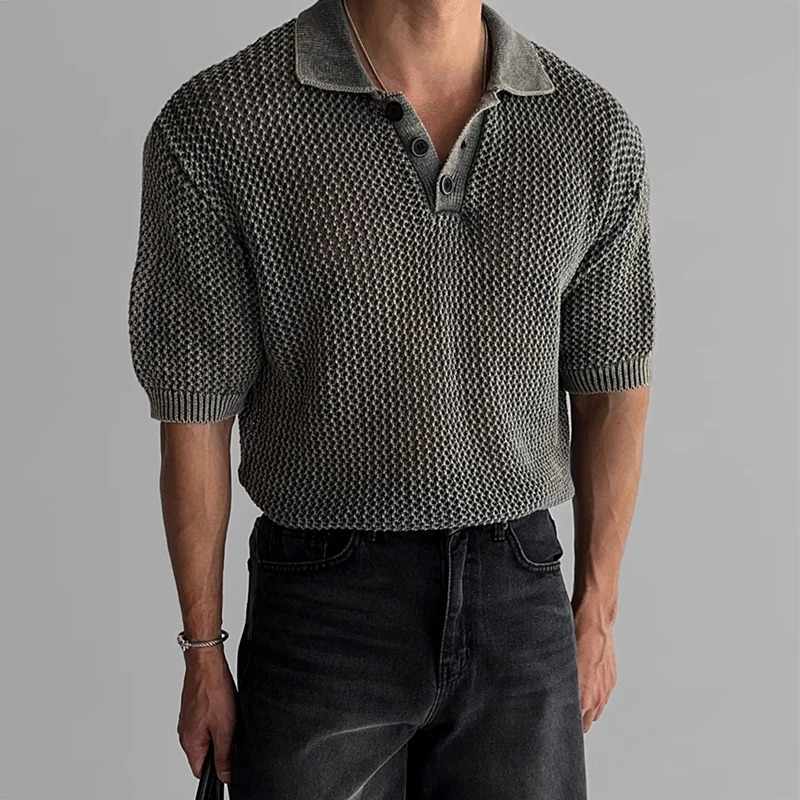 Sexy See Through Hollow Out Polo Shirts Mens Short Sleeve Button Lapel Casual Mesh Polo Shirt Fashionable Men Knitted Mesh Tops 250407