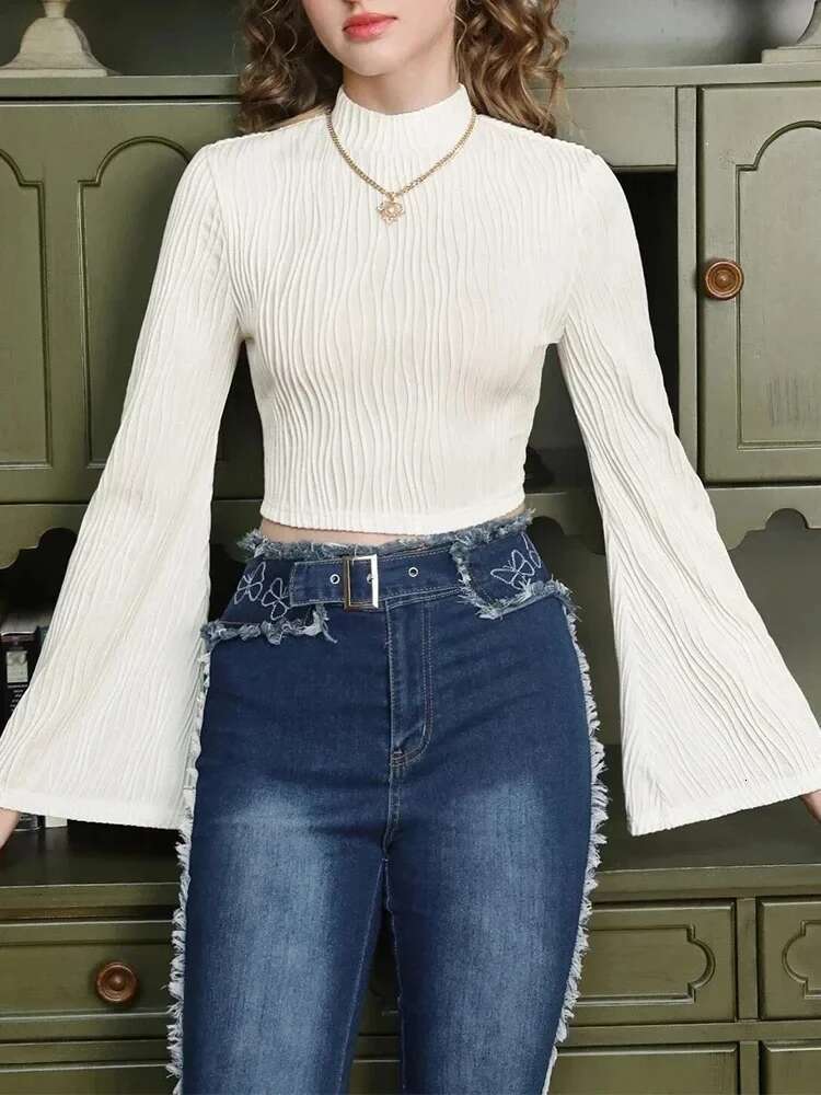 Casual Black Mock Neck Flare Long Sleeve Crop Top Women Fall Winter Y2k Clothes Solid Color Slim Fit Tee Shirt Blouse Streetwear