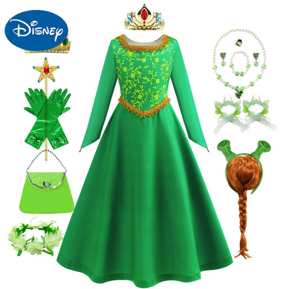 Disney Fiona dresses up for Halloween Shrek cosplay fantasy costume green princess costume childrens elegant dress long sleeved printed frog X2504081