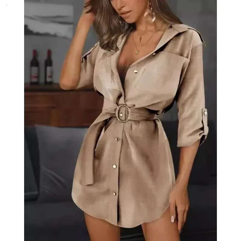 New European And American Lace Cardigan Solid Color Rolled Up Sleeve Shirt Dress Versatile Yet Fashionable