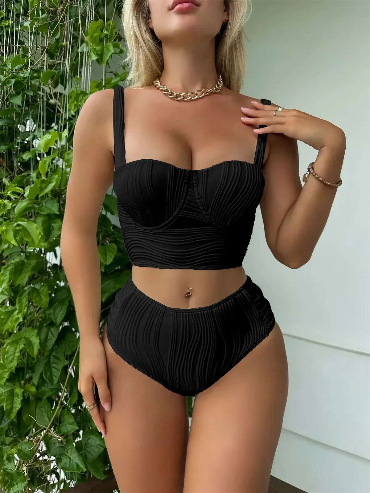 Dongdumaoyi Sexy Underwire Bikini Women White Black Ribbed Cut Out Push Up High Waist Swimsuit Brazilian Buckle Bathing Suit Swimwear