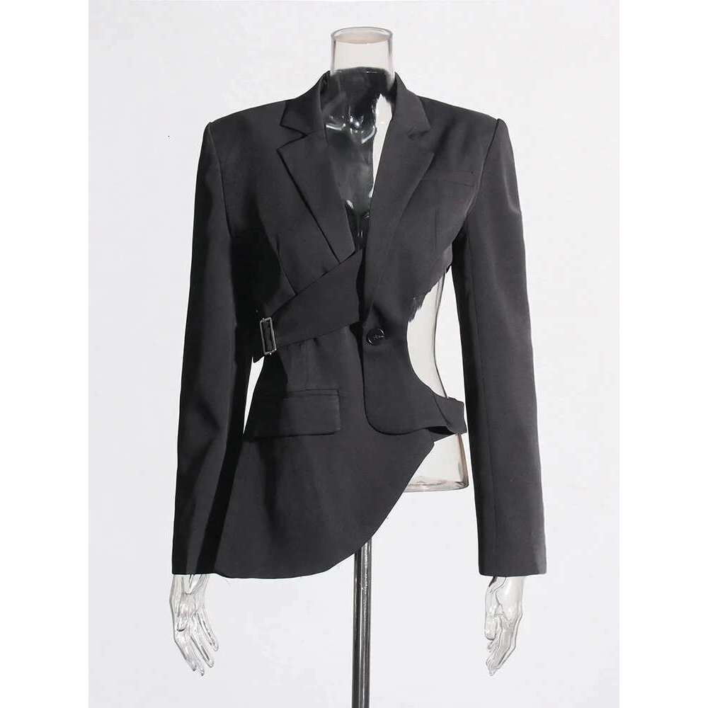 TWOTWINSTYLE Solid Hollow Out Backless Slimming Blazers For Women Notched Collar Long Sleeve Spliced Button Blazer Female New