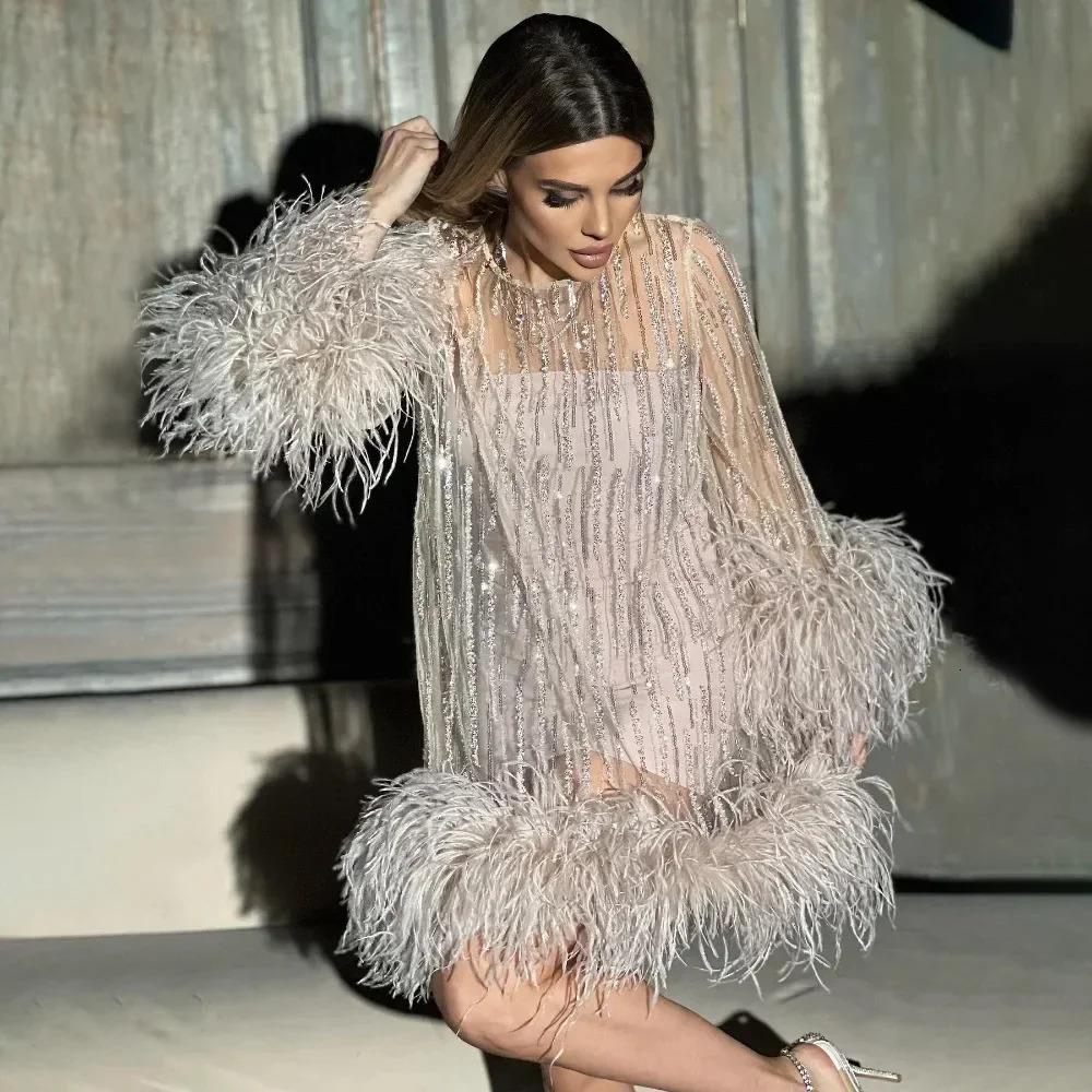 mini dress pink party dress flame sleeve dress camel bird feather sequin lightweight A-line mini dress 250402
