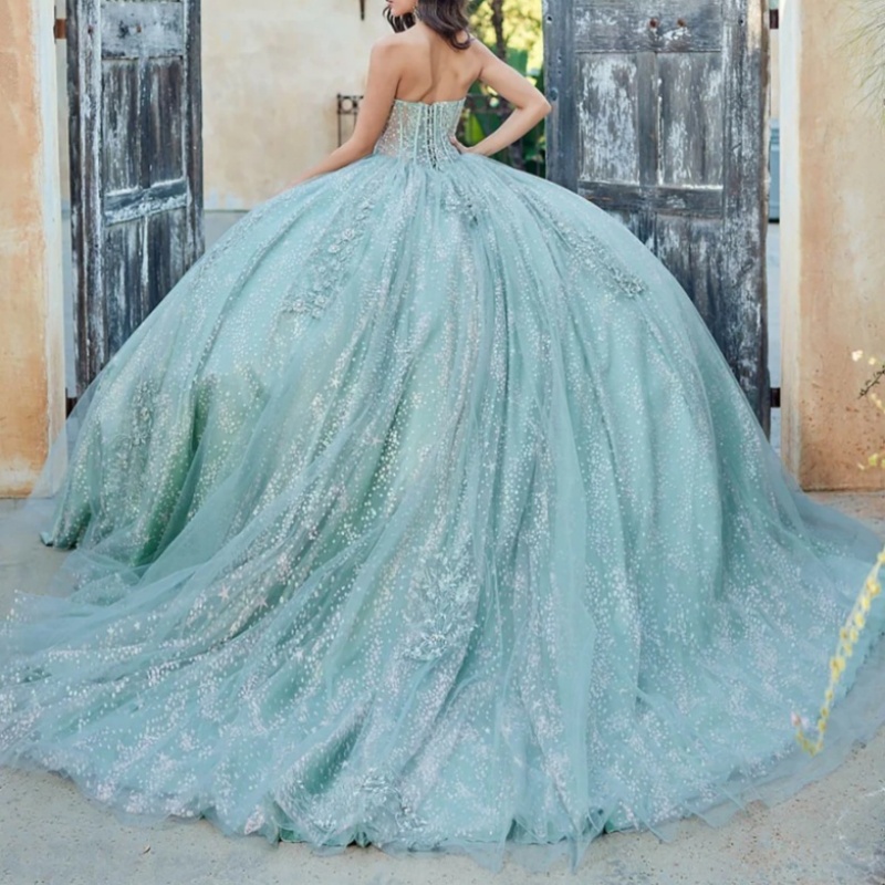 Mint Green Shiny Quinceanera Dresses Off Shoulder Ball Gown Sweet 16 Dress Applique Lace Beads Tull Birthday Party Vestidos 15 De Anos