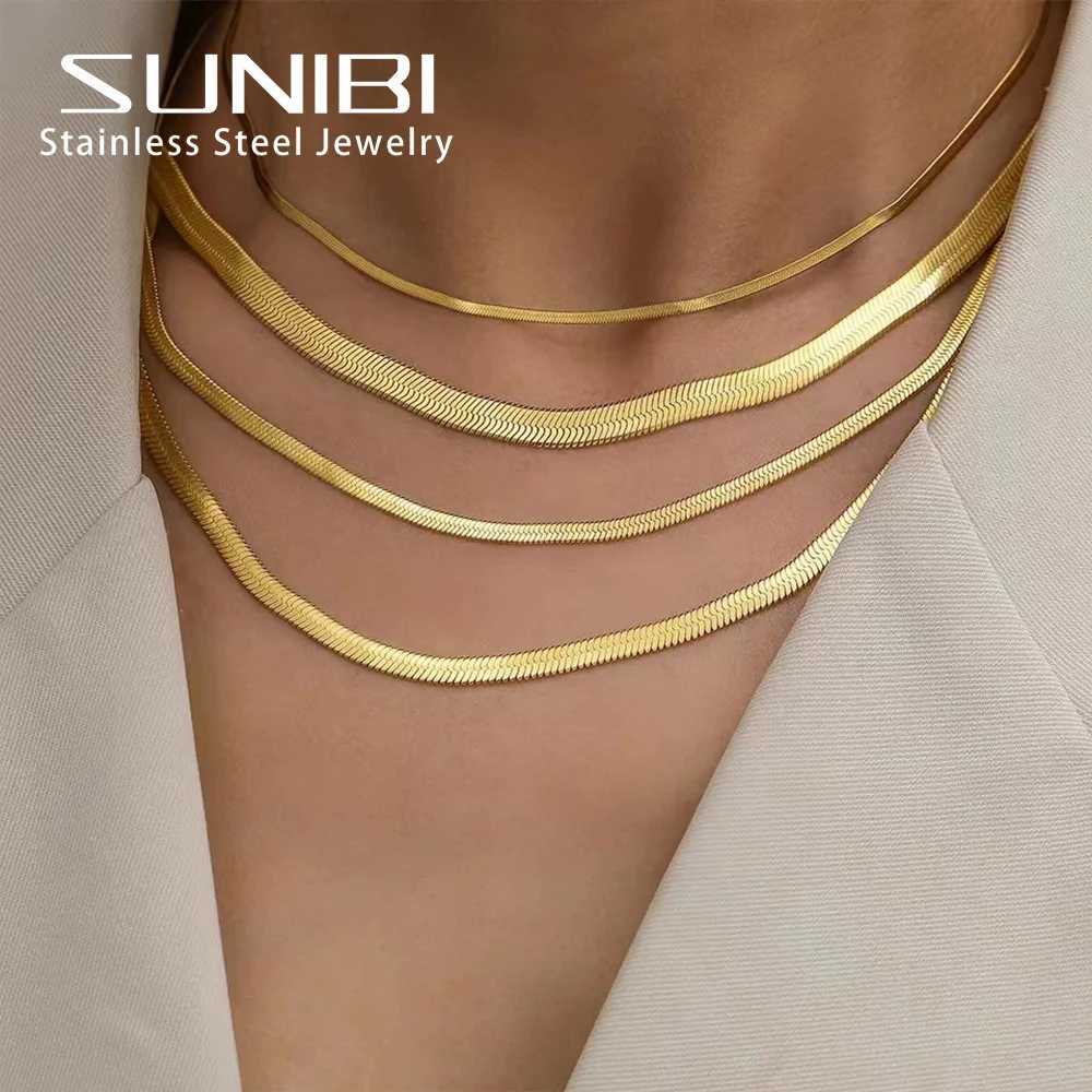 SUNIBI Stainless Steel Snake Chain Necklace for Woman Gifts Choker Herringbone Gold Color Necklaces Women Jewelry WholesaleC250407