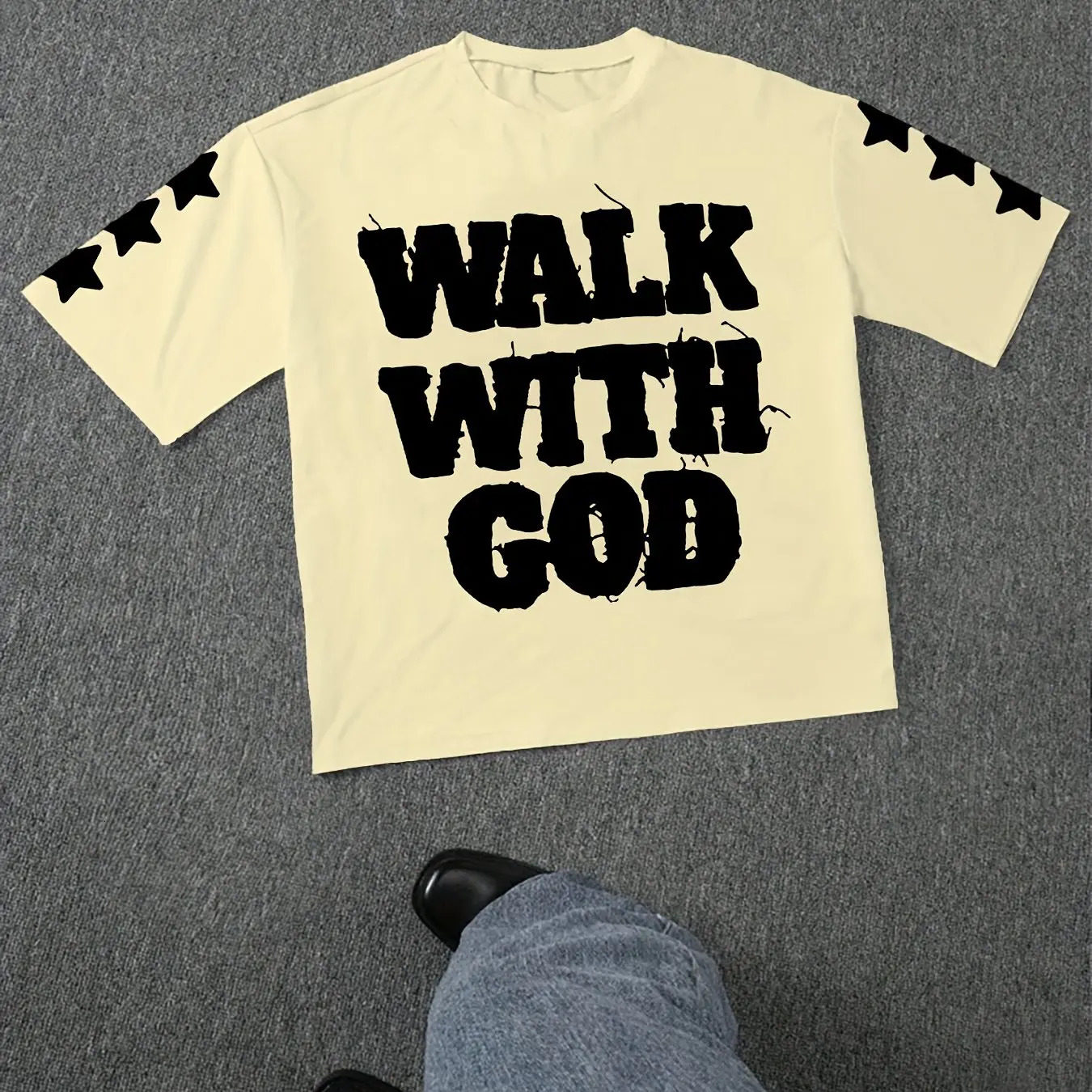 Summer Mens Black Walking with God Pattern Tshirt Casual Short Sleeve White Letter Printed Starry Sky n 250331