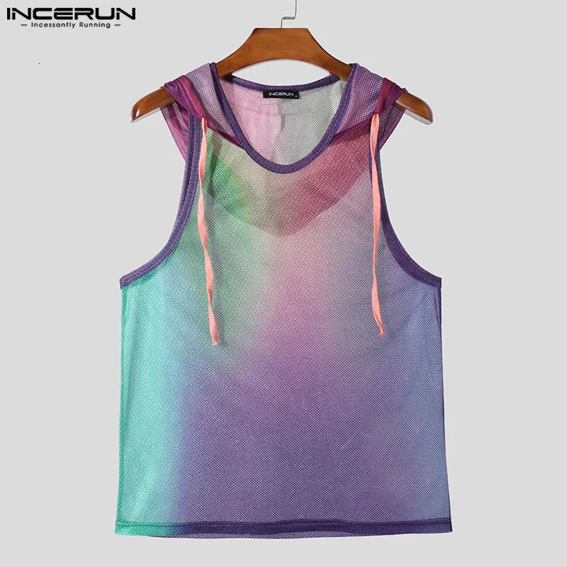 Fashion casual style top INCERUN sexy mens gradient hollow sleeveless hooded vest fashion mens thin vest S-5XL 250403